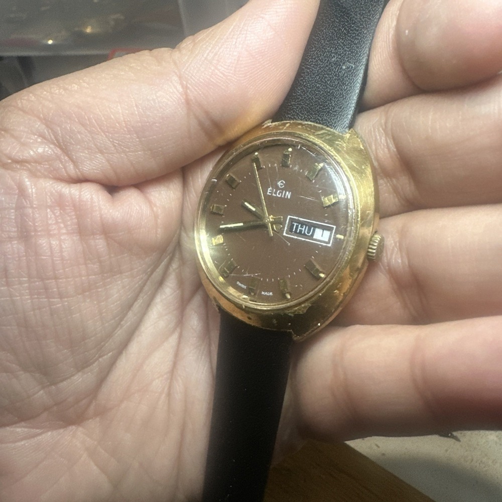 Works 1970s VTG Elgin Men's 17 Jewels Day/Date Brown Dial Swiss Gold Tone 36mm - Picture 11 of 11